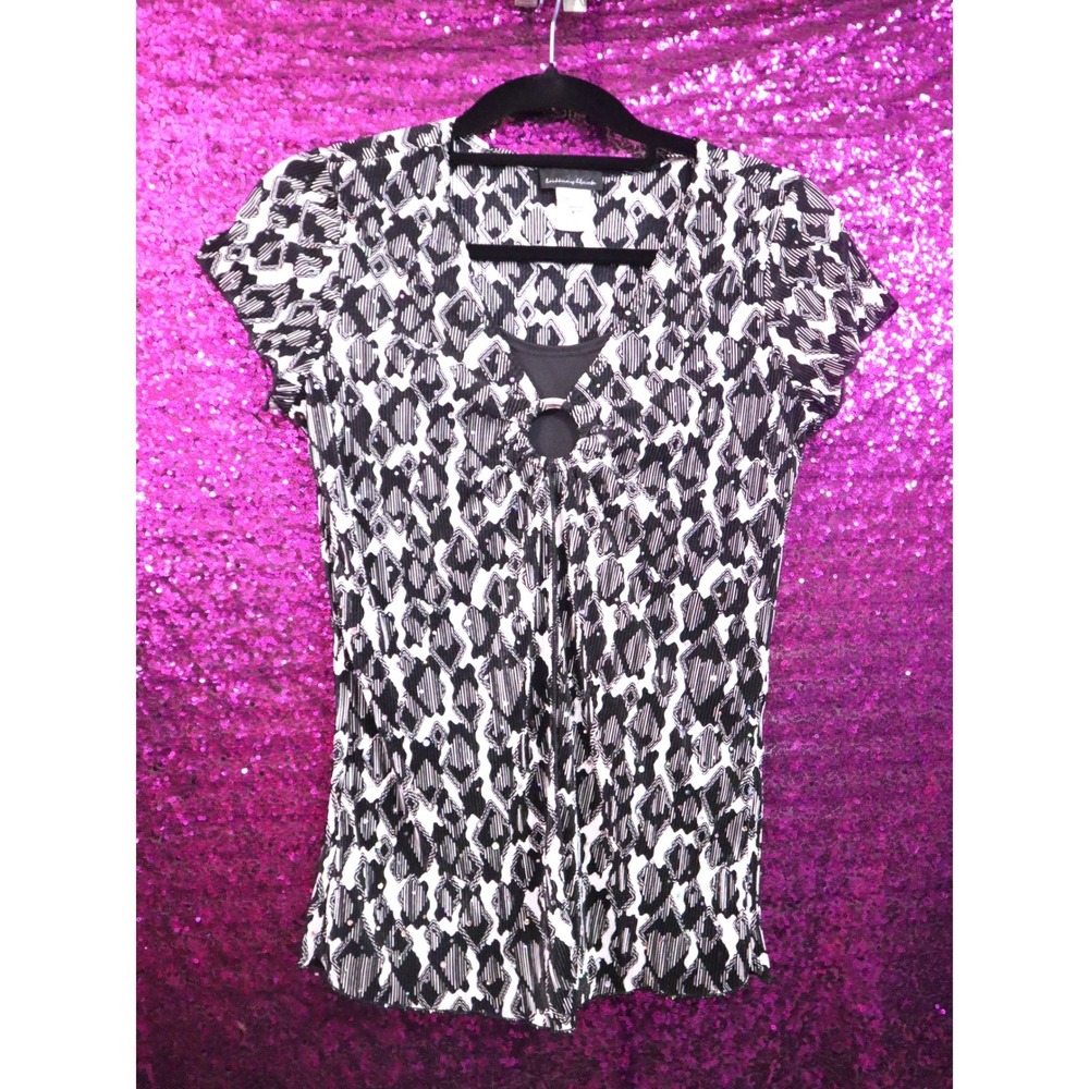 Black White Top Medium Brittany Black Womens Rhinestone O-Ring Geometric Print